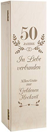 AMAVEL Weinkiste aus Holz zur Goldenen Hochzeit, 50 Jahre in Liebe verbunden, Holzkiste für Weinflaschen mit Glückwünschen zum Hochzeitstag