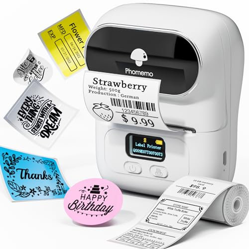 Phomemo M110 Etikettendrucker Beschriftungsgerät Selbstklebend - Tragbarer Etikettiergerät Bluetooth Etikettendrucker Labledrucker,für Barcode, Einzelhandel,kleine Unternehmen,für Android & iOS -Weiß