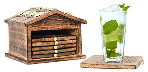 Divit Dessous de Verre en Bois, Ecologiques, Absorbants, au Look Antique, Faits Main, Set de 6. (Hut Coaster)