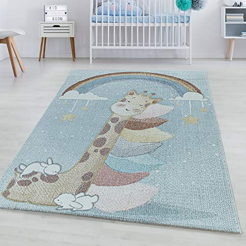 SIMPEX KinderTeppich, Giraffen-Design, Teppich Blau, 80 x 150 cm, Teppich für Kinder, Teppich Kinderzimmer
