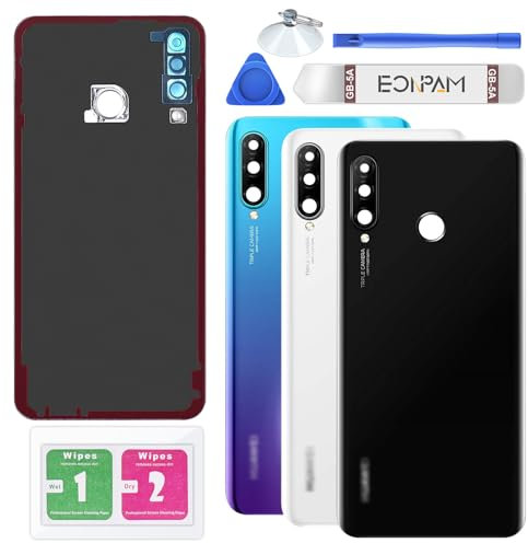 Eonpam Akkudeckel für Huawei P30 Lite Rückseite Glas Original Backcover Back Glas Ersatz Reparatur Set mit Kameraobjektiv (Schwarz)