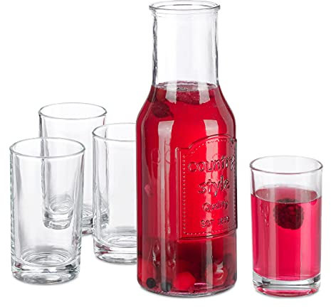 Relaxdays Wasserkaraffe Set mit Gläsern, 5-teiliges Set, 1,5 l, 200 ml, Karaffe ohne Deckel, Wassergläser, transparent