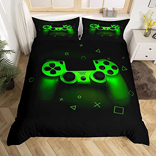 Gamer Bedding Sets For Boys Single,Gaming Duvet Cover Kids Teens Men Video Game Room Decor Reversible Gaming Comforter Cover Green Gamepad Bed Set Retro Game Controller Quilt Cover Soft Luxury 2 Pcs