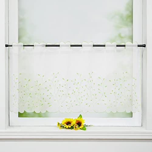 Delien Voile 1 stück Scheibengardinen Kurzgardinen Stickerei Bistrogardine »Grünland« Transparente Kurzstores Durchstangenzug Kurzvorhang mit Grasmuster Blattmuster für Küche BxH 90x45cm,Grün