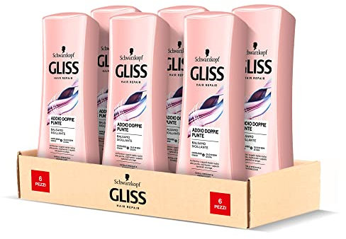 Schwarzkopf Gliss, Balsamo Addio Doppie Punte, per Capelli Spezzati e Danneggiati, ad Azione Fortificante e Districante, con Olio di Semi di Uva, 200ml x 6 Pezzi