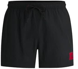 HUGO Herren Dominica Badeshorts mit durchgehendem Innenfutter und rotem Logo-Label Schwarz001 XL