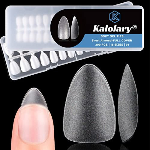 Kalolary Soft Gel Nail Tips, 300pcs 12 Size Full Matte Full Cover Clear Acrylic Nail Tips Pre-shape False Fake Nail for Press on Nail Extensions DIY Manicure Soak Off (Short Almond)