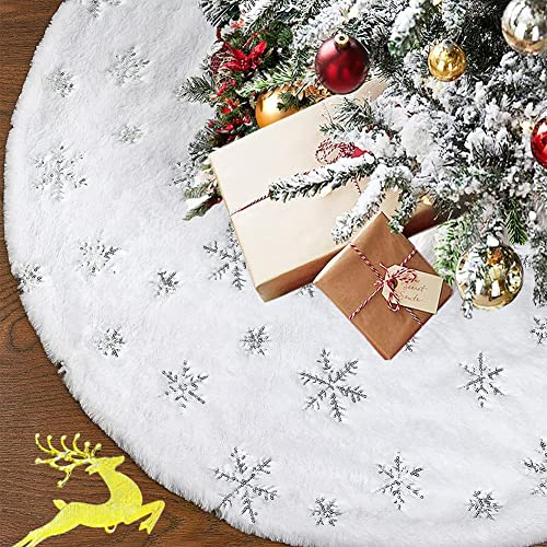 Gohist Weihnachtsbaum Rock Weihnachtsbaumdecke Rund Weihnachtsbaum Decke Groß Fell Christbaumdecke Christbaumständer Teppich Baumdecke Weihnachtsbaum Deko(120CM Silber)