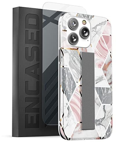 Encased Finger Loop Case Designed for iPhone 14 Pro Max Case with Strap and Screen Protector - Cute Marble Design for Women (Retail Packaging)