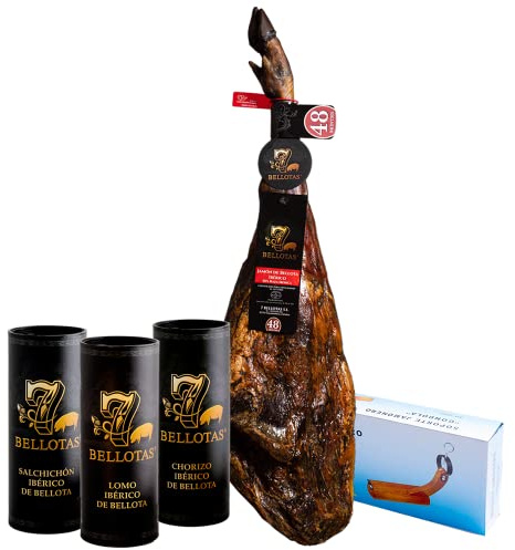 Jamón de bellota 7 BELLOTAS + Embutidos de Bellota (3X500gr.) + Jamonero y Cuchillo | Jamón de Bellota 50% Ibérico con 48 Meses de Curación Natural