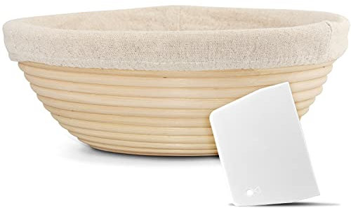 Anaeat 25 cm Brot Banneton Gärkorb – runder Sauerteigkorb aus 100% natürlichem Rattan mit Teigschaber und Leineneinlage für professionelle Bäcker und Heimbäcker