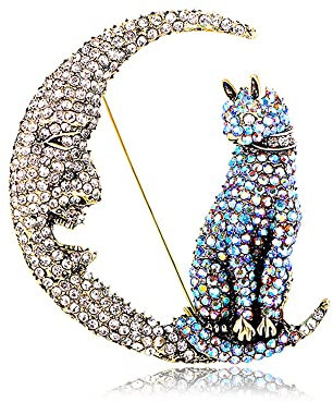 Strass-Brosche mit Katze auf dem Mond, für Damen und Mädchen, Vintage-Stil, AB-Kristall, Tier, Kätzchen, Halbmond-Brosche, Anstecknadeln, zierlich, übertriebener Weihnachtsschmuck, Unisex, Geschenk,