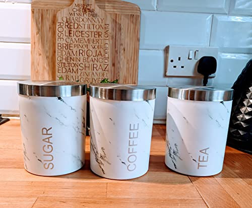 WiseAccordio Set of 3 Marble Effect Kitchen Canisters Tea Coffee - Sugar Jar| Kitchen Storage Set |Airtight Lids |Countertop canisters