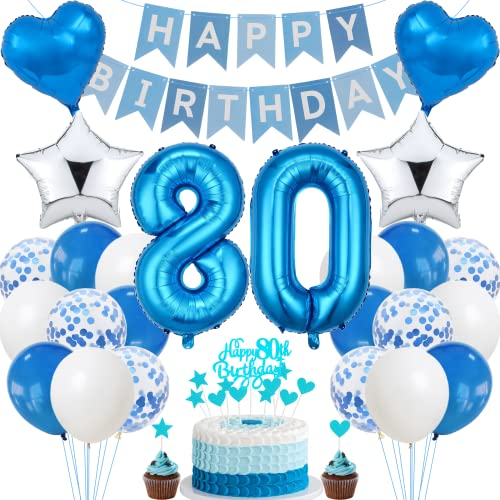 Jrzyhi 80. Geburtstag Dekoration,Blau Tortendeko Geburtstag 80 Jahre Männer,Party Deko Silber,80 Geburtstag Frauen Männer,Tortendeko 80. Geburtstag Mann Frauen,Geburtstagsdeko 80 Jahre Mann Frauen