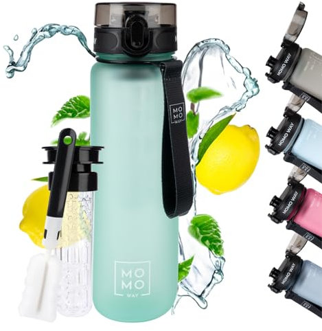 MOMO WAY Trinkflasche Tritan Wasserflasche Mit Früchtebehälter Wiederverwendbare Sportflasche Für Schule Gym Geschenk BPA-Frei 1-Klick Verschluss Türkis 1000ml