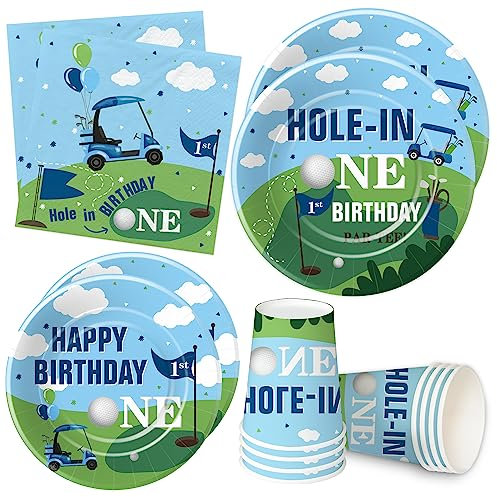 Xigejob Golf Party Decorations Tableware For 1st First Birthday, Golf Theme Hole In One Birthday Party Supplies, Paper Plate, Cup, Napkin, Serves 24