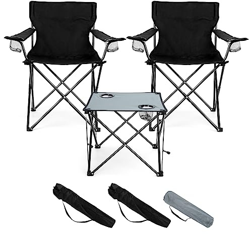HaSteeL Folding Camping Chair Set of 3, Foldable Black Camp Chairs & Grey Table, Large Lawn Chair Portable for Adults Hiking, Fishing, Picnic, Outdoor BBQ, Travel, Sports, Cup Holders & Storage Bags