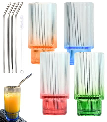 Smiths Mason Jars 4 Pack gerippte 16 Unzen Gläser mit Strohhalm, Glaswaren-Set ribbed collins glass– 285 ml Eiskaffeetassen, geriffelter Becher im Origami Stil für Cocktails, Saft (gemischte Farben)