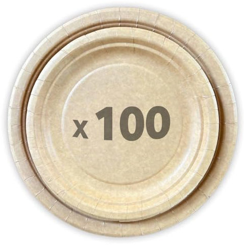 Table'Colors 100 Assiette en Kraft Biodégradables - 50 Assiettes Rondes 22 cm et 50 Assiettes Rondes 17 cm, Parfaites pour Mariages, Anniversaires, Vaisselle en Carton Écoresponsable