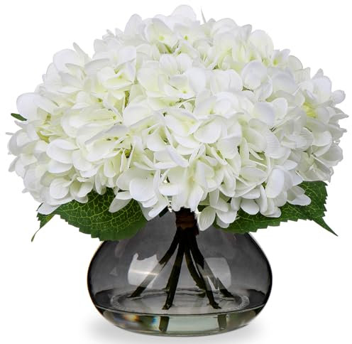 Oairse Fleurs d'hortensia artificielles dans un vase à 4 têtes au toucher réel dans un vase en verre avec arrangement de fleurs artificielles en soie blanche pour la maison, la salle de bain, la
