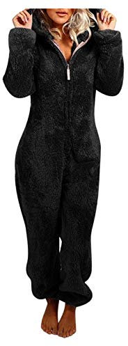 Pigiama invernale da donna, in pile caldo, lungo, in pile, per la casa, per la casa, per adulti, per la casa, Nero , S