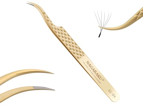 NAGARAKU Pince Volume Fibre Cils Greffage Pince Epiler Or Précision à Pointe En Fibre Russe Cils Acier Inoxydable Pointue Courbe Tweezer Prise en Main D'éventails Faciles Préfabriqués (Incurvée AG-04)