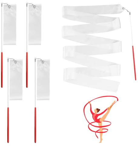 Teaaha Lot de 4 Bandes de Gymnastique avec Baguette, Blanc, pour Enfant, pour Danse Artistique, Gymnastique, Danse des Enfants, Spectacles de Talent
