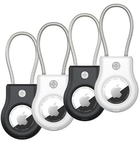 SCALLOP Airtag Keychain Holder 4 Pack, Air Tag Lock Case Holders with Wire Cable, Sturdy Protection Airtag Key Chain, Compatible Apple Airtag for Key Ring,Keys, Luggage.Black & White