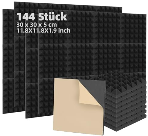 Fiqops 144 Stück Akustikschaumstoff Selbstklebend, 30x30x5 cm, 12,96 m² Schwarzer Pyramidenschaumstoff Akustikpaneele, Schallabsorber für Echo, Nachhall, Tonstudio, Podcast, Gaming