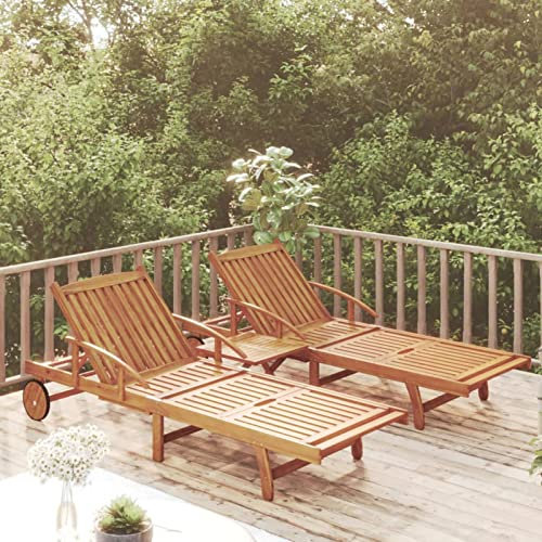 Gecheer Set de Tumbonas con Mesita 2 uds Tumbona de Jardín Tumbona de Piscina con Ruedas Tumbona Plegable para Balcón Patio Terraza Piscina Madera Maciza de Acacia