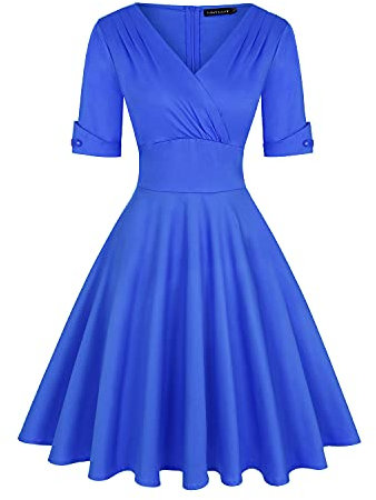 MINTLIMIT Women's 1950s Vintage Dresses Deep V Neck Half Sleeve Summer Cocktail Swing Dress (Blue Medium)