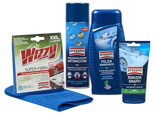 AREXONS Car Care Lucidanti, Kit Composto da Pasta Rimuovi Graffi, Polish Rinnovante, Impermeabilizzante Anti Macchia, Panno Wizzy Superfibra, Kit Pulizia Auto