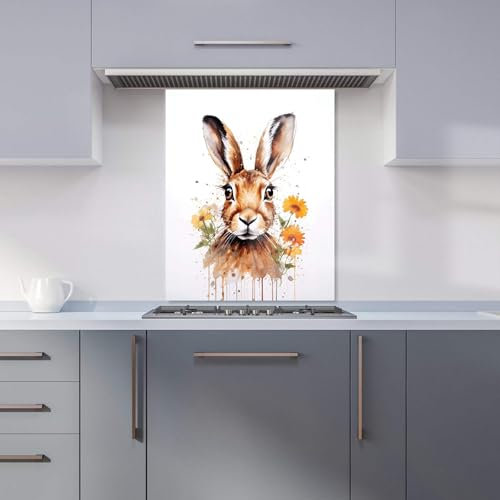 Premium Watercolour Hare and Daisies Kitchen Splashback 6mm Toughened Glass Kitchen Splashback – Heat Resistant Splashback for Kitchens, Perfect for Cookers and Hobs, Polished Edges