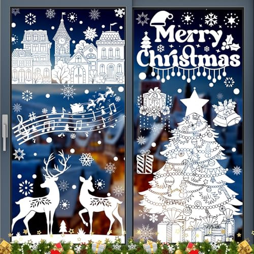 Autocollant Noel Fenetre - Grand Stickers Noel Fenetre Blanc,Lumineux Stickers Noël Vitre avec Paillettes,Electrostatique Stickers Fenêtre Noël Reutilisable,Decoration Vitrine Noel pour Magasin