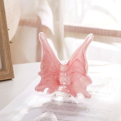 QFkris Figuras de mariposa de vidrio soplado, adorno moderno de mariposa de vidrio, pisapapeles de animales de cristal para decoración del hogar (rosa)