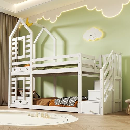 Merax Bunk Bed Storage Children Cabin Bed Single Bed with Storage for Kids, Stars and Moons Design, Twin Sleeper 190x90 cm, Solid Pine Wood - 3FT -White