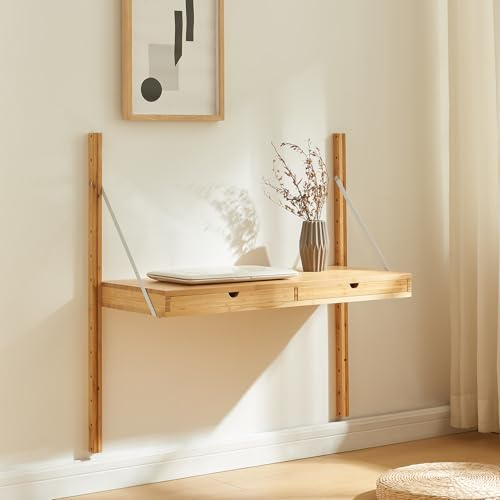 [en.casa] Scaffale da Parete con 2 Cassetti Regolabili in Altezza Mobile Espositore 85 x 85 x 36 cm per Cucina Soggiorno Camera da Letto - bambù Naturale