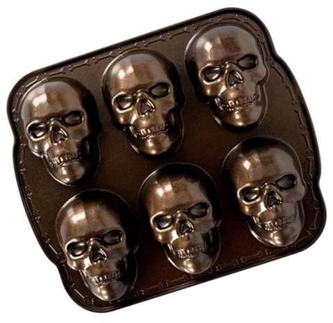 Skull Mold for Baking, Aluminum Alloy Skull Oven Mold, 6 Cavities Golden, Creepy Muffin Mould Skull Cake Tray Kitchen Gadget for Christmas New Year Halloween