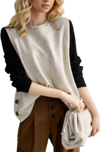 EMOTTOS Pull sans Manches Gilet Débardeur pour Femmes, Pull-Over uni sans Manches à Boutons Latéraux et col Rond, Pull Over Soft Casual Vintage Sweat-Shirt, Beige, Taille Unique