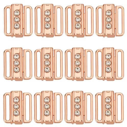 GOMAKERER 12 Stück Bikini Anschlüsse Mit Strasssteinen, Haken Für BH Träger Zum Nähen von Bikini Neckholder Badeanzugoberteilen Dessous Ringen Badeanzug Clips Aus Metall Für Unterkleid Roségold