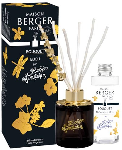 Maison Berger Diffuseur Bouquet Parfumé Lolita Lempicka 100ml – Bâtonnets Saule Végétal – Longue Diffusion Élégante, Idée Cadeau Maison Raffinée - Bijou Plat en Feuilles de Lierre dorées (Noir)