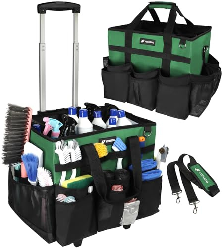VSHXENG Large Cleaning Bag with Wheels, Cleaning Bag with Removable Trolley, Cleaning Bags on Wheels for Housekeepers, Cleaning Trolley, Organizer for Home, Car, Picnic (Green)