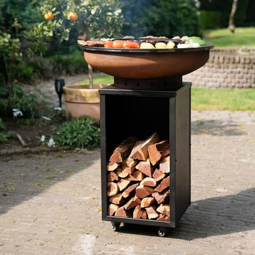 Barbecue Plancha Camarada Cortenstahl Blackline 2.0 – con gancio in legno e contenitore in legno Ø 70 cm
