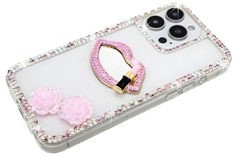 Ymyhyuxi Custodie per Samsung Galaxy S23 FE Custodia Bling Diamante 3D Lussuoso Glitter Cristallo Strass Catena Laterale Labbra Specchio Cover (Rosa)