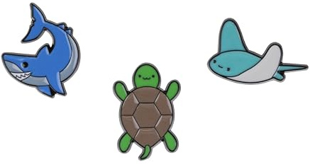 Sea Creature Themed Gift Set Collection Of 3 Pin Badges Including A Smiling Shark, Happy Turtle And A Calm Manta Ray