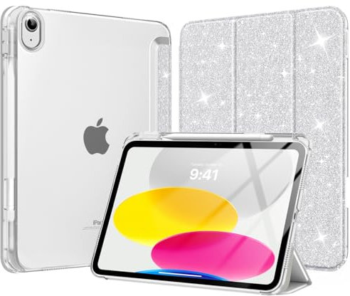 MoKo for iPad (A16) 11th Generation Case 11 Inch 2025, iPad 10th Generation Case 10.9 Inch 2022 with Pencil Holder, Slim Light Trifold Protective Cover with Hard PC Transparent Back Shell,Shiny Silver