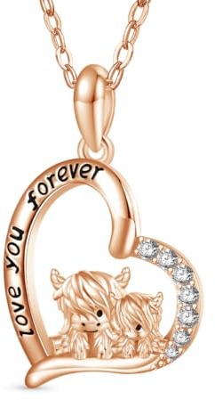 GNOCE Scottish Highland Cow Mother and Child Necklace 925 Sterling Silver Cute Animal Pendant for Her Wife, Mother' Day Jewelry Gifts