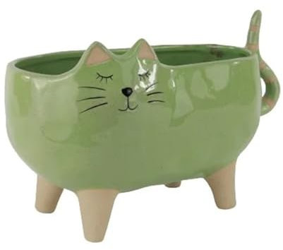 itsisa Deko Blumentopf Katze grün 23x14 cm aus Keramik - Pflanztopf, Übertopf, Pflanzgefäß, moderner Deko Stil
