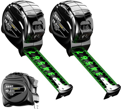 Lot de 2 rubans à mesurer de 10 m, avec fluorescence 10 m x 25 mm, ruban étanche 2,8 m, gradué double face, facile à lire, auto-bloquant