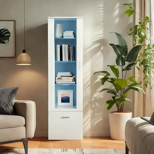 Vitrine LED avec Porte et Etagères en Verre, Lumières Armoire à Meuble de Rangement pour Salon Bureau, 42 x 30 x 160 cm (1, Blanc)